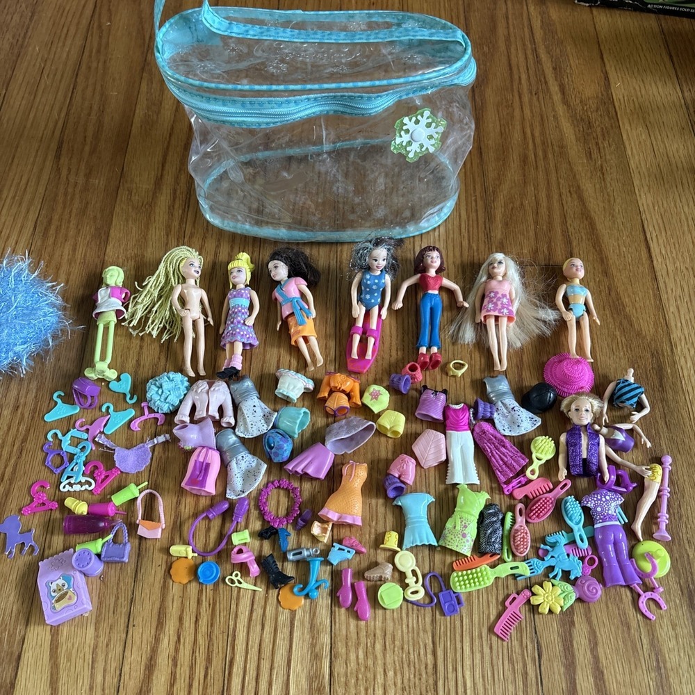 Large Vtg‎ Polly Pocket Lot Dolls Clothes Shoes Accessories Hangers Tote Bag Y2K
